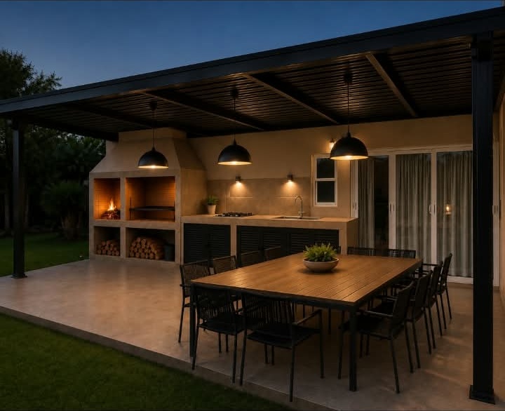 Galería techada de la quinta al atardecer, con la parrilla encendida, lámparas colgantes y la mesa larga puesta